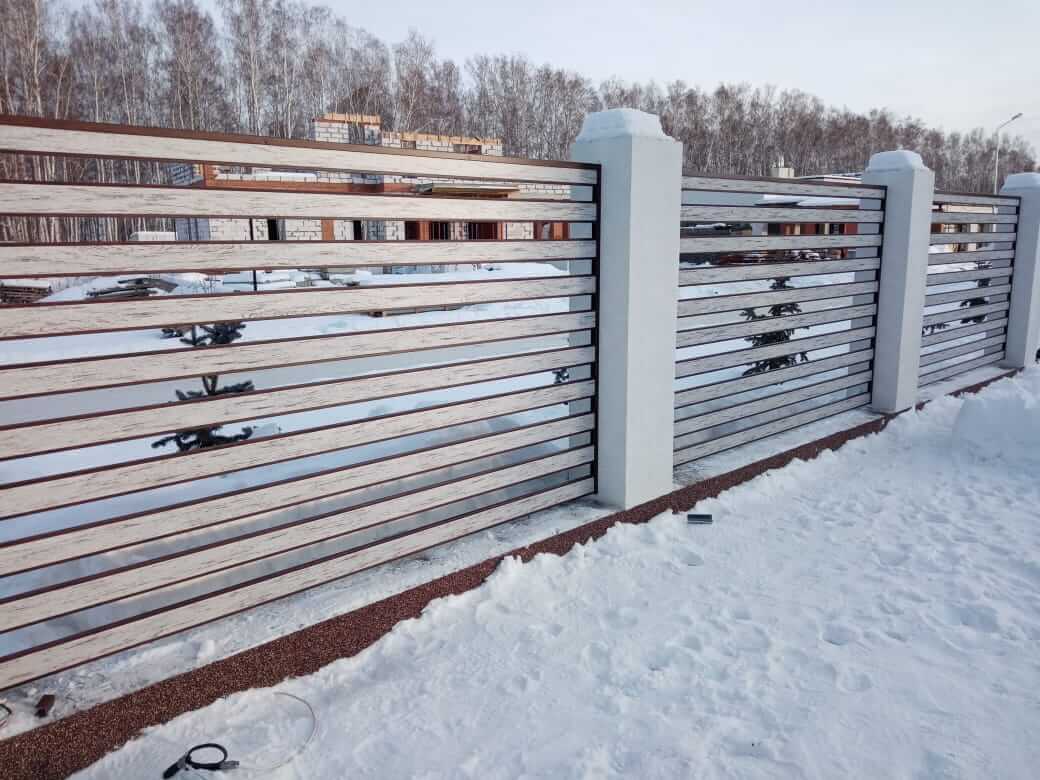 забор-ранчо из металлопланкена 130м каштан красный + беленый дуб фото4 в Брянске